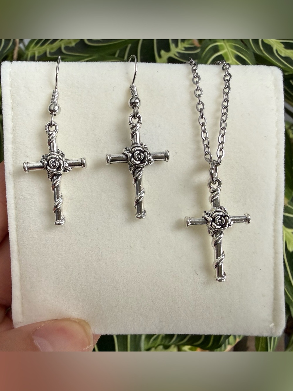 Silver Rose Cross Necklace and Earrings Set